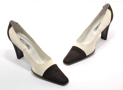 MOSCHINO Blk/Wht FAILLE Fabric PUMPS I Love Heels Blk Cap Toes 