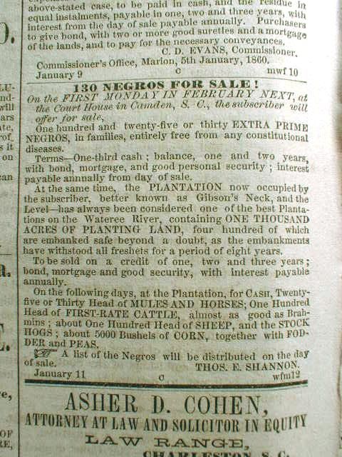   carolina dated from 1859 with inside page ads for the sale of negro
