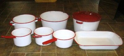 pc. VTG RED & WHITE ENAMELWARE/GRANITEWARE STOCK POTS/PANS COOK 