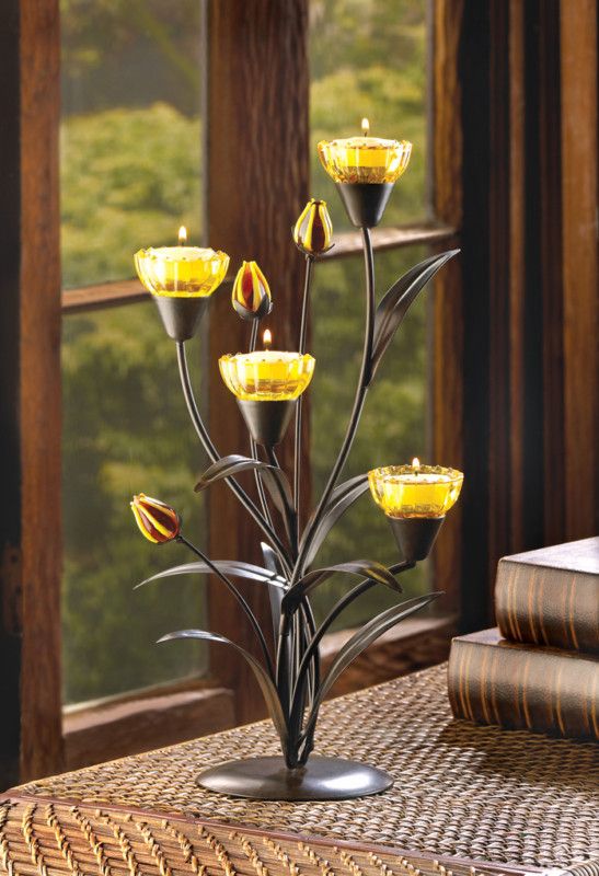 Tiger Lily Tealight Candle Holder Iron Glass Flower new  