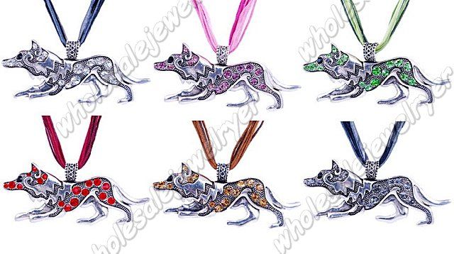 6Str Rhinestone&Alloy&Enamel 37*82mm Wolf Necklace FREE  