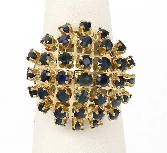 BEAUTIFUL 14K GOLD & BLUE SAPPHIRES SPUTNIK DOMED RING  