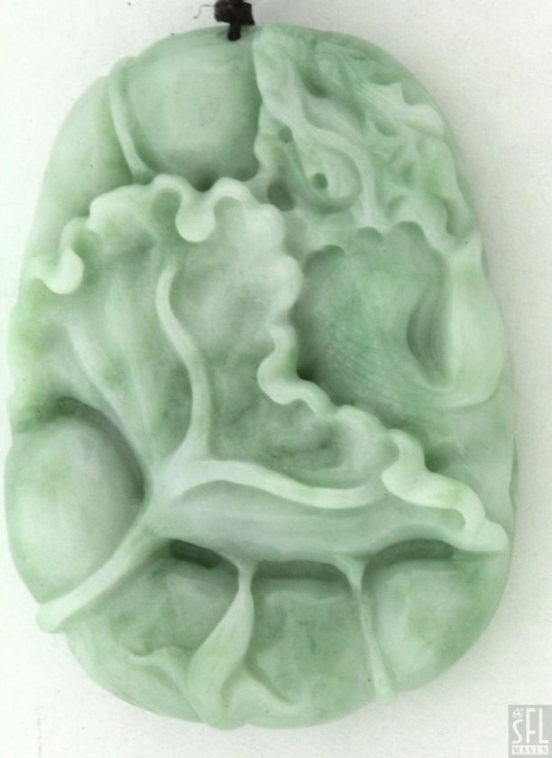 BEAUTIFUL FANCY HAND CARVED GREEN JADE ASIAN PENDANT ROPE NECKLACE 