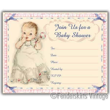 Vintage Retro 1950s Baby Girl Rattle Shower Invitations  