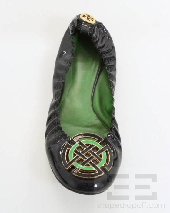 Tory Burch Navy Blue Patent Leather Green Trim Flats Size 8.5  