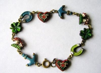   ENAMEL CHARM BRACELET w 10 CHARMS Clover Anchor Mushroom  