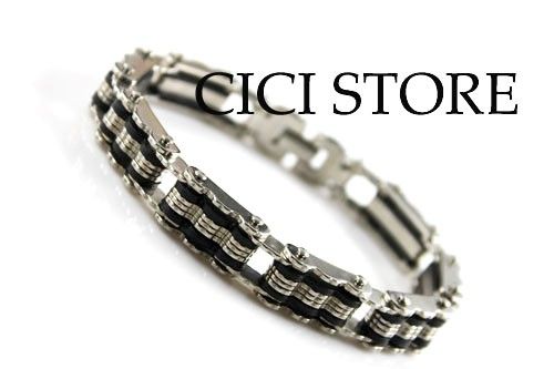 Mens Biker Chain Bracelet Stainless Steel Black Silver Bones Bangle 