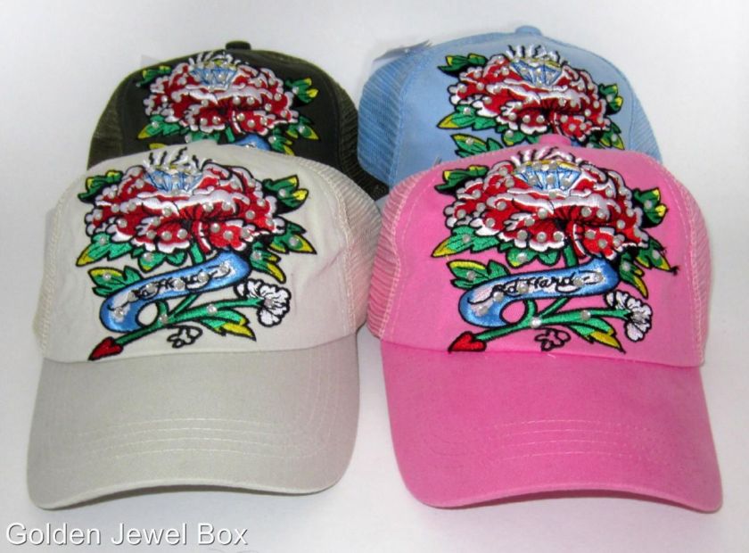 ED HARDY EMBROIDERED BALL CAP FLOWER ROSE DIAMOND & RHINE STONE 