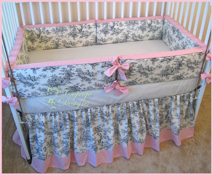 BLACK CENTRAL PARK TOILE & PINK BABY CRIB BEDDING SET  