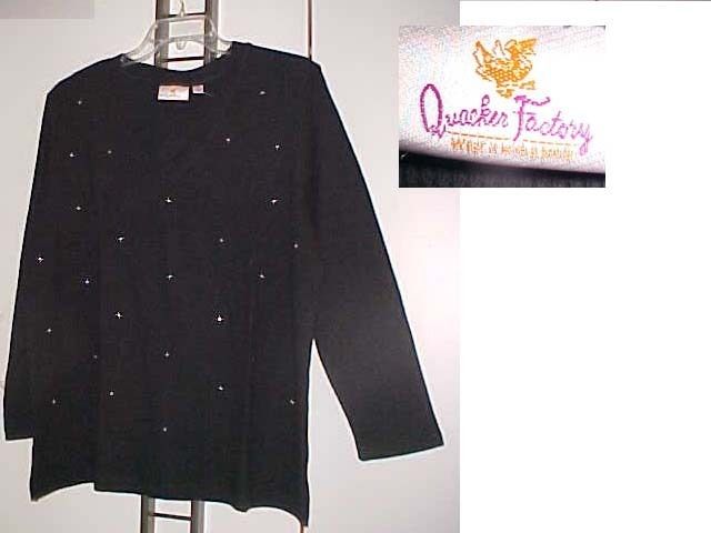 Sz 2X Quacker Factory Thermal Top Black Waffle Knit Rhinestones NWT 2X 