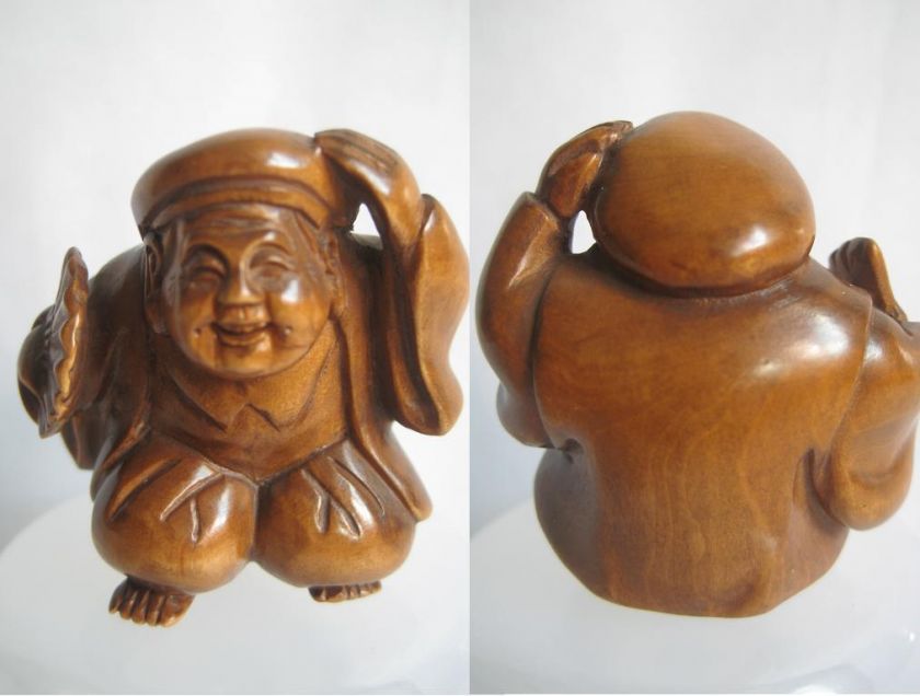 Japanese Boxwood Netsuke Man Holding Fan  