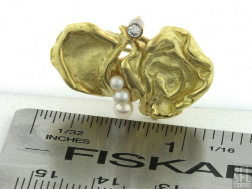 HEAVY DESIGNER SIGNED 18K GOLD VS DIAMOND PEARL ABSTRACT FLOWER BROOCH 