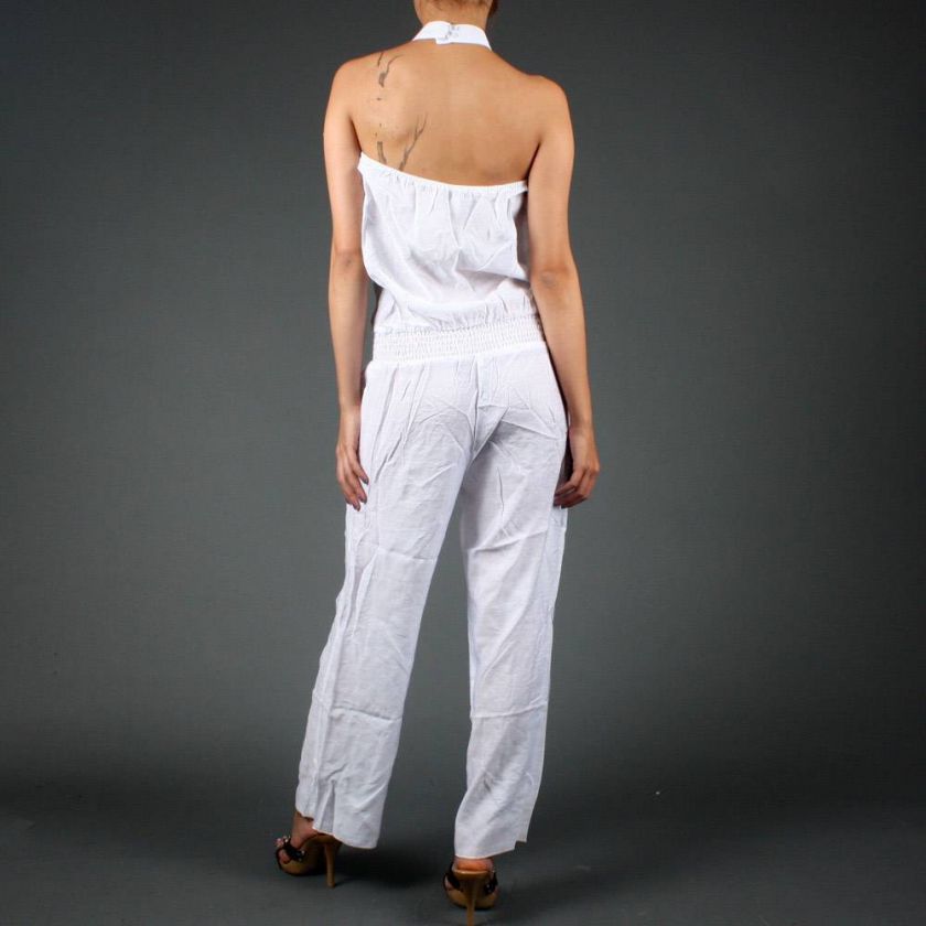 White Ruffled Halter Smocked Linen Pant Suit Jumpsuit S Size  