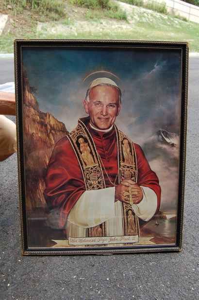 Older framed picture of Pope John Paul II + + chalice  