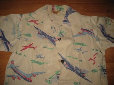 VINTAGE 1940S TWA AIRPLANE AVIATION PRINT SHIRT   NR  