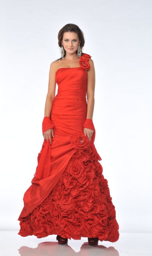 Model the red carpet runway look in this long one shoulder ruffle gown 