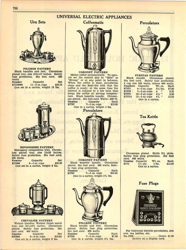1942 Universal Electric Coffee Urn Sets Percolators ad  