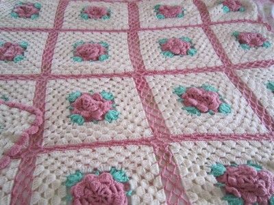 ROSE AFGHAN SHABBY HAND CROCHET THROW LIGHT LUSH CHIC  