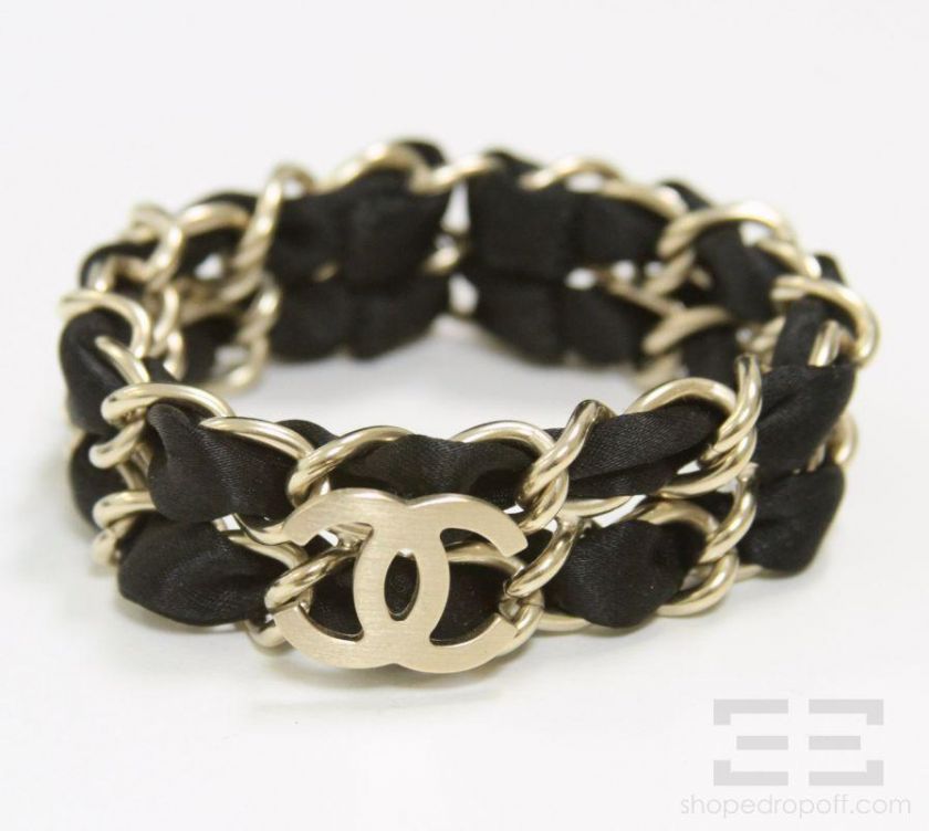 Chanel Black Satin & Brushed Gold Logo Double Chain Link Bracelet 