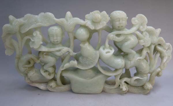 Chinese Nephrite Jade Carved Lotus & Boy Statue  