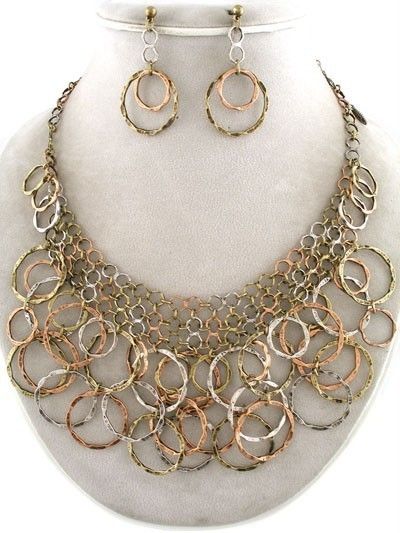 Tri Color Metal Circle Collar Necklace & Earring Set  