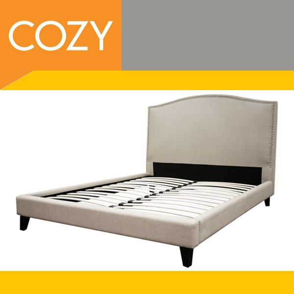 Modern Cream Fabric Queen Platform Bed Nail Head Accent  