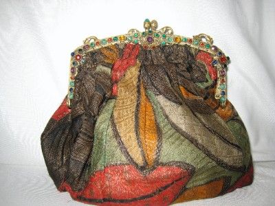   DECO 1920S JEWELED FRAME SILK LAME EVENING PURSE AUSTRIAN FRAME  