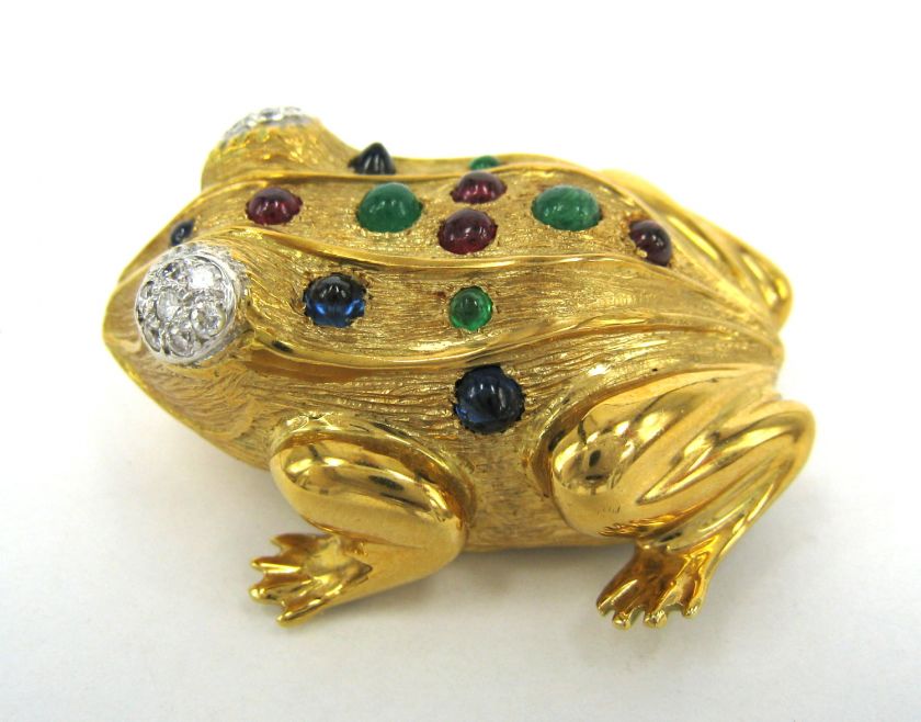 75ct tw Diamond Sapphire Ruby Emerald 18K Frog Brooch  