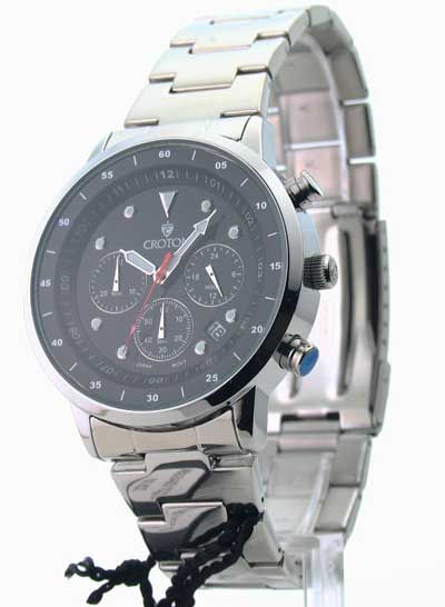 Croton CC311304SSBK Steel Slim Date Chrono Watch Mens  