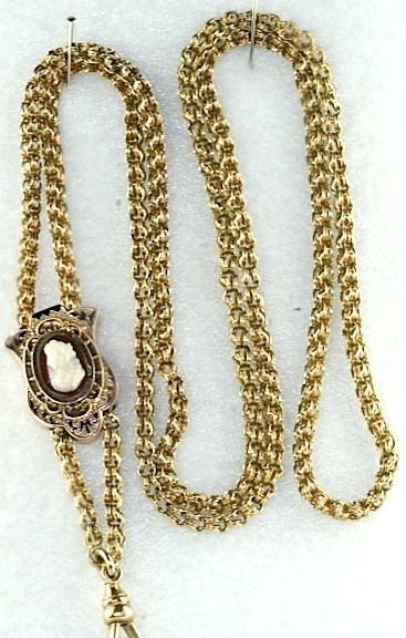   ANTIQUE 14K GOLD LADIES WATCH SLIDE CHAIN HARD STONE SARDONYX CAMEO