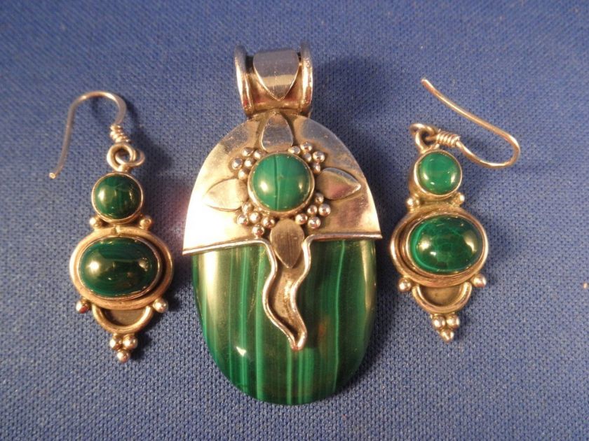 Vintage Malacite Sterling LG Pendant Earrings Artisian  