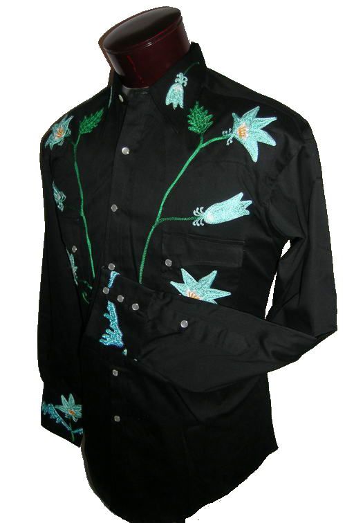 6757 B Floral Rockmount Western Cowboy Embroidered Snap Shirt Black Lg 