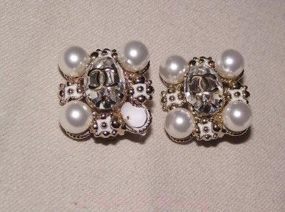 Authentic Chanel Large CC Crystal Pearl Clip Earrings  