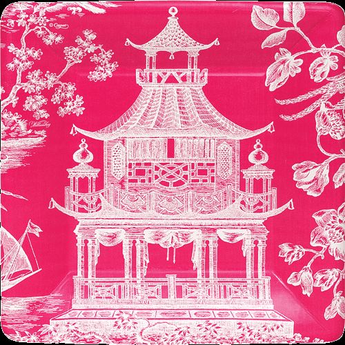 CASPARI 2 Pkgs Chinoiserie Toile Pagoda Fuschia Cocktail / Beverage 