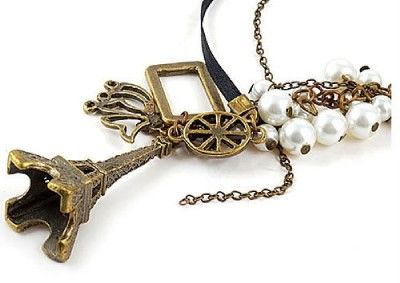 New VINTAGE Metal Eiffel Tower Pearl Multi mix Necklace  