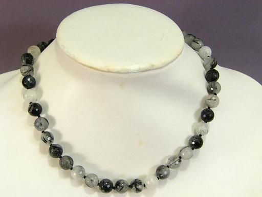 Necklace Set Blk Rutilated Quartz 10mm Facet Round Bds  