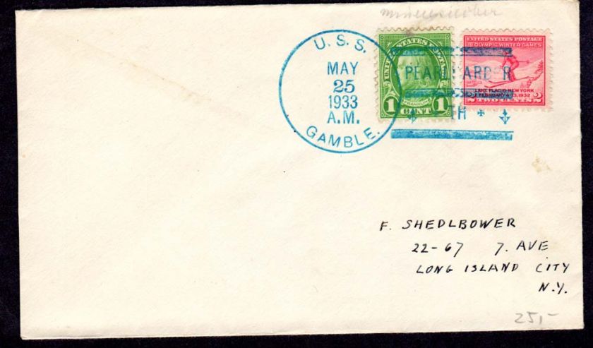 USS Gamble Pearl Harbor HI 1933 Naval Cover  