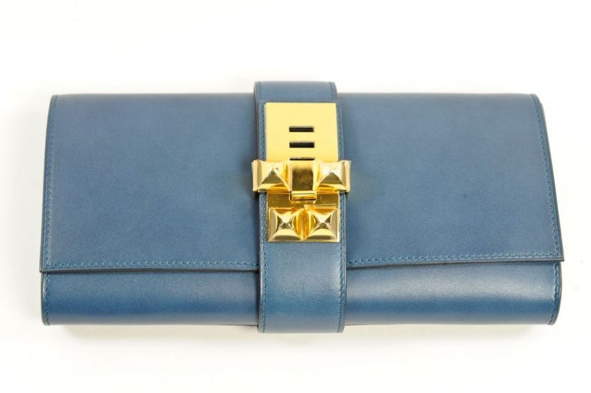 Hermes Teal Blue Leather Medor Clutch  