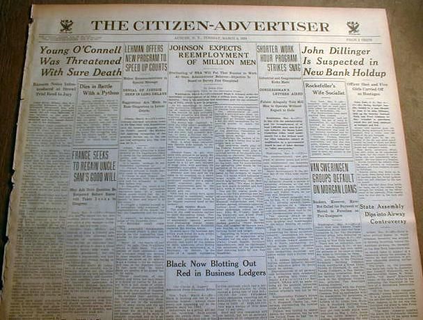 1934 newspaper JOHN DILLINGER ESCAPES JAIL & robs Bank SIOUX FALLS 