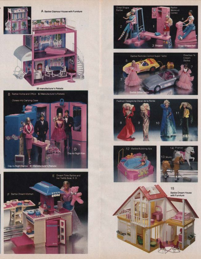 1985 BARBIE, FRIENDS & ACCESSORIES   2 AD PAGES   DREAM HOUSE/CORVETTE 