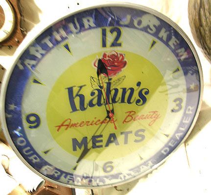 VINTAGE DUALITE LIGHT UP ADVERTISING CLOCK KAHNS MEATS BUTCHER 