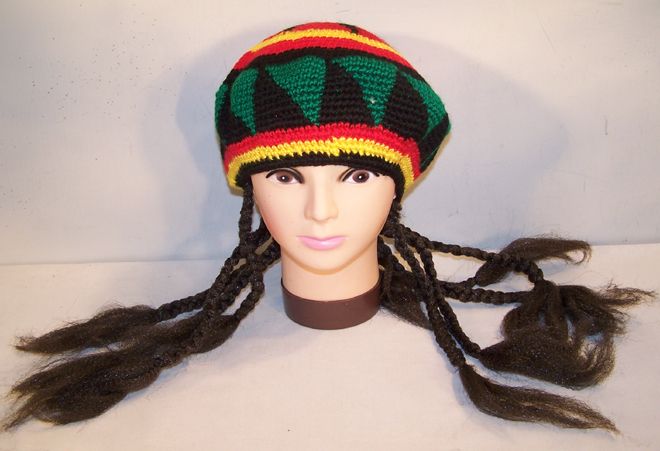 KNITTED REGGAE CAP W BRAIDS rasta hat jamaican hats NEW  