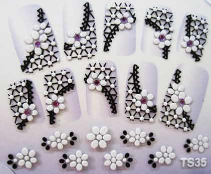 3D Nail Art Stickers Decal Black Lace Purple Rhinestone  