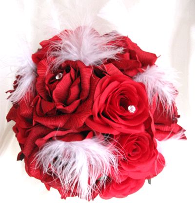 Wedding Bouquet Bridal silk flowers APPLE RED WHITE FEATHER bouquets 