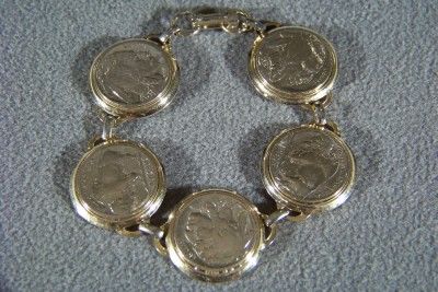   GOLD TONE 5 GENUINE INDIAN HEAD NECKEL STATION TENNIS BRACELET  