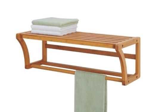 New Bamboo Wall Mounted Bathroom Shelf w/ Towel Bar  