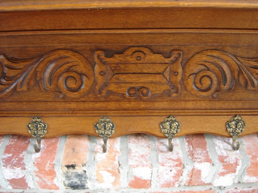 Antique English Carved Tiger Oak Wall Shelf Coat Plate Hat Rack 