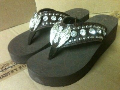 Angel Wings BRN Western Diamond Cut Cross Rhinestone Flip Flop Sandals 